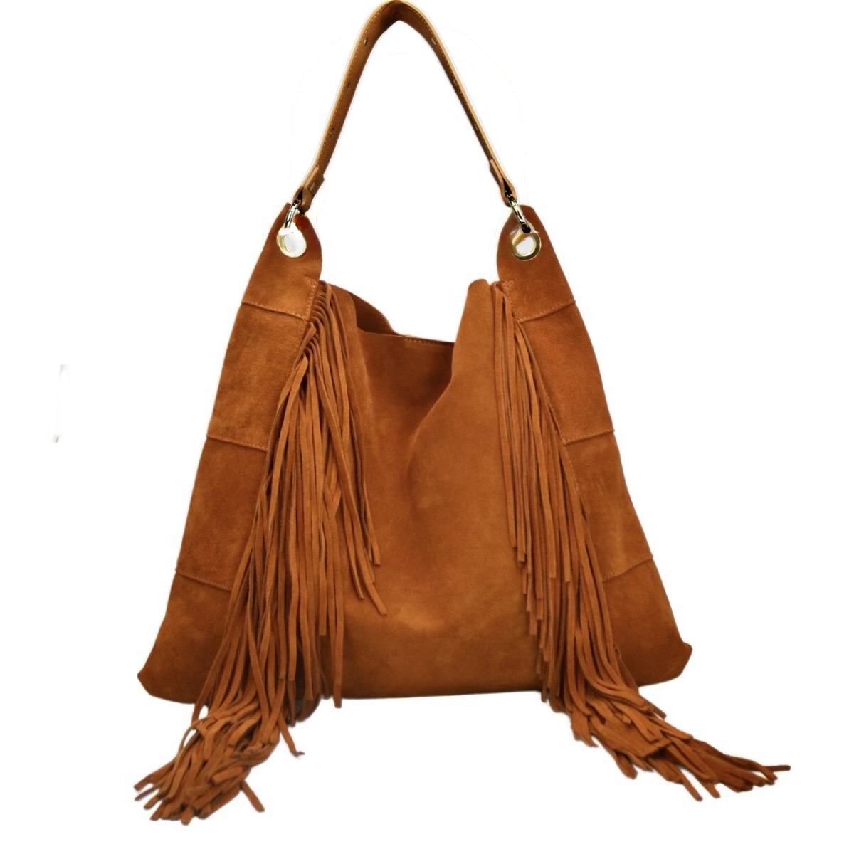 Bolso saco flecos de cuero color camel Heidi