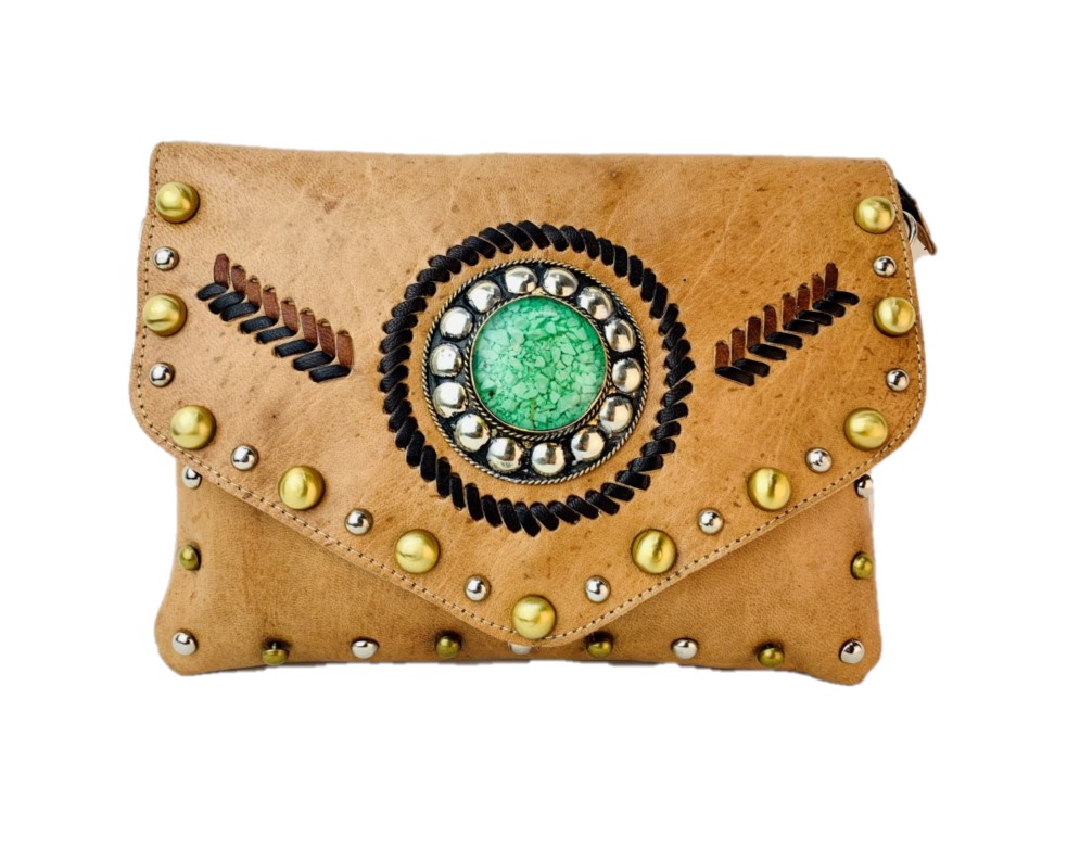 Bolso de mano y de cuero natural con tachas Debra