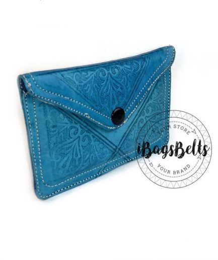 Monedero mini de cuero tallado turquesa Jade