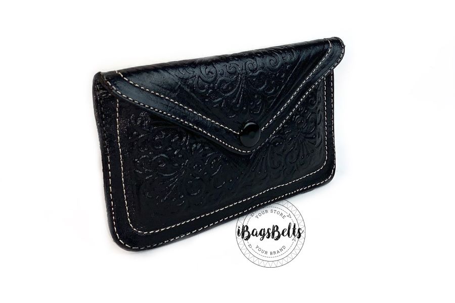 Monedero mini de cuero tallado negro Jade