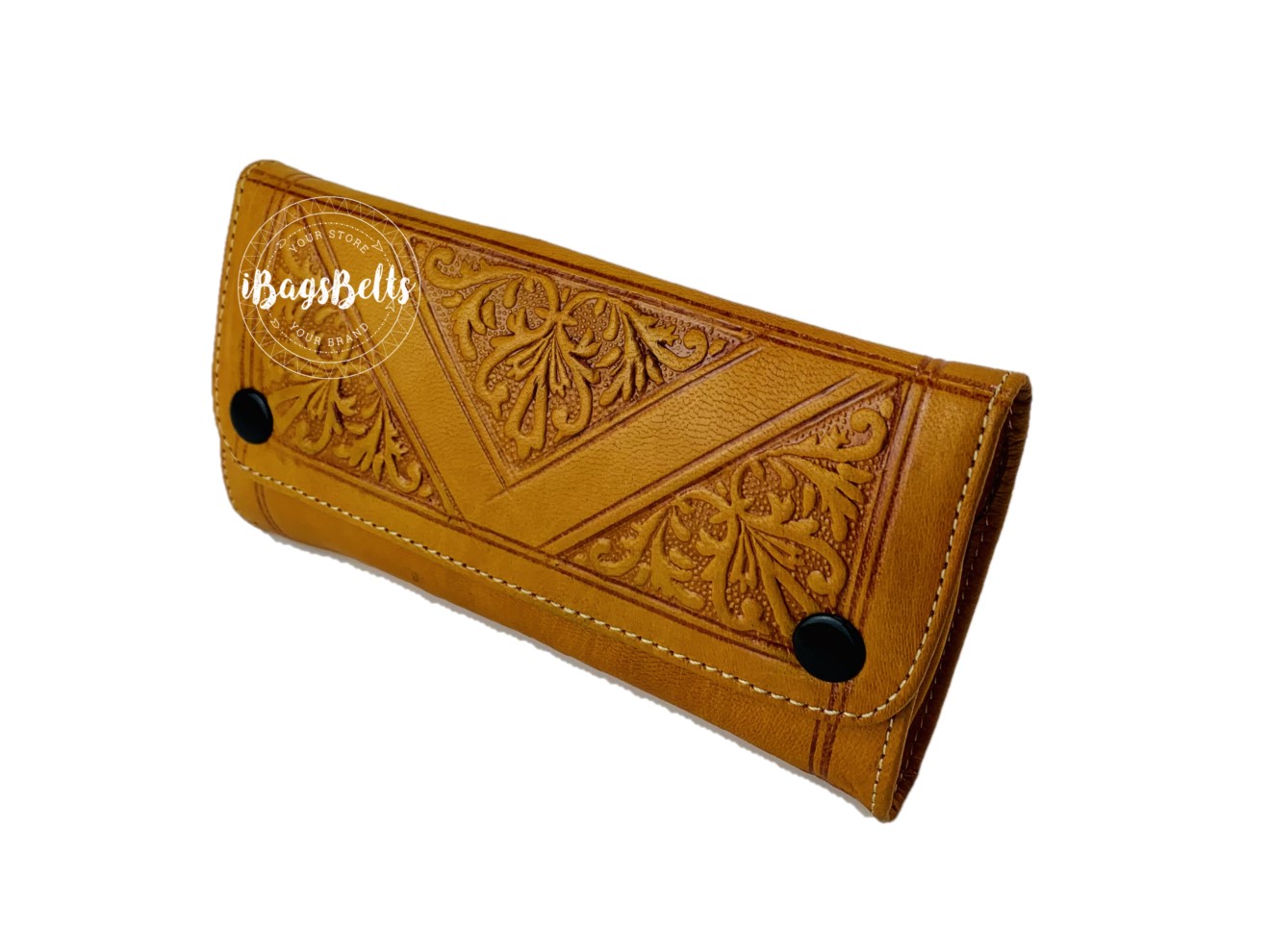 Monedero de cuero estampado artesanal mostaza