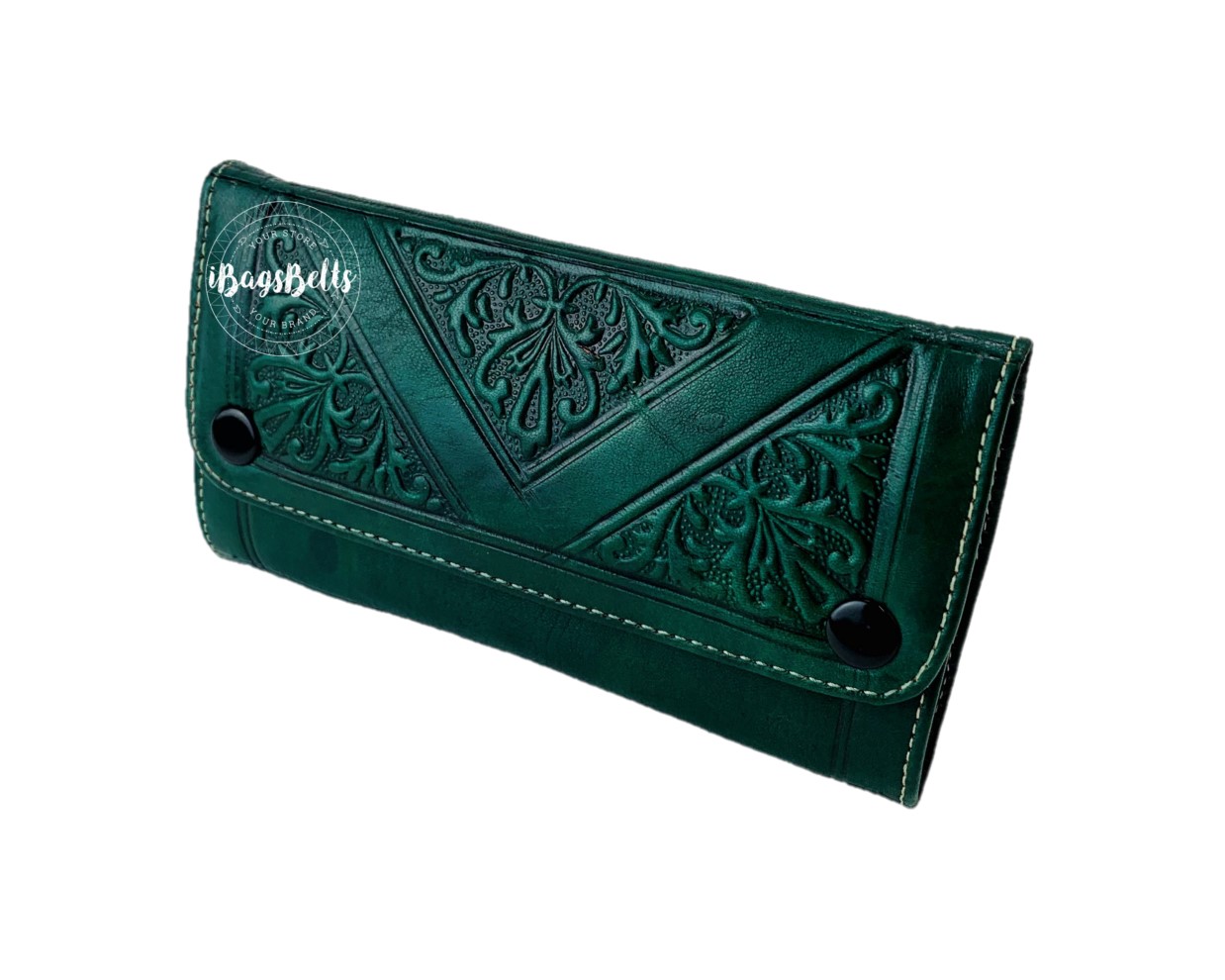 Monedero de cuero estampado artesanal verde