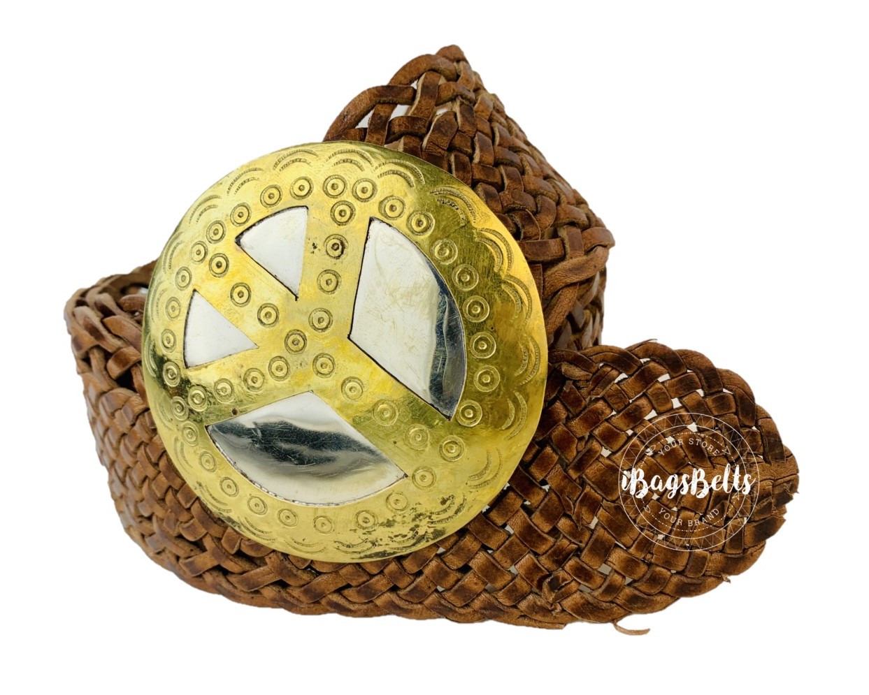 Cinturón camel trenzado boho chic hebilla símbolo de paz