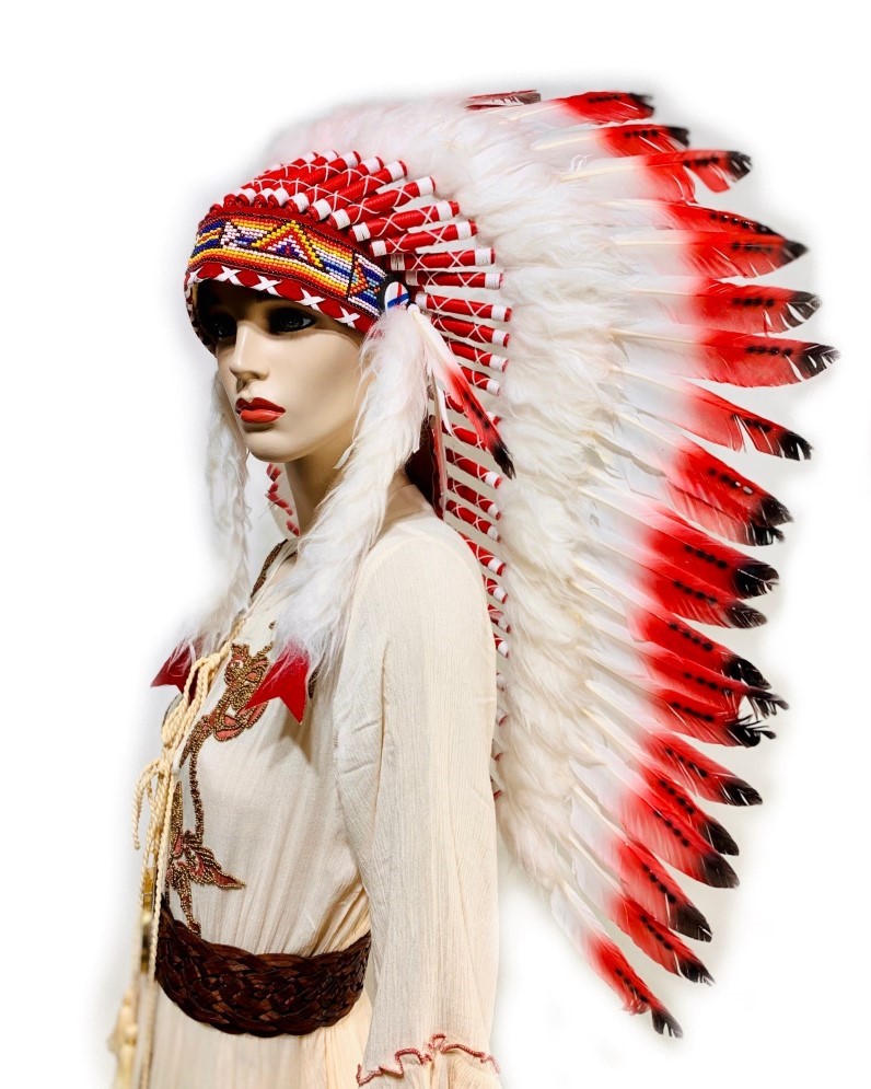 Réplica de tocado indio, plumas blancas y rojas de corta longitud -   México