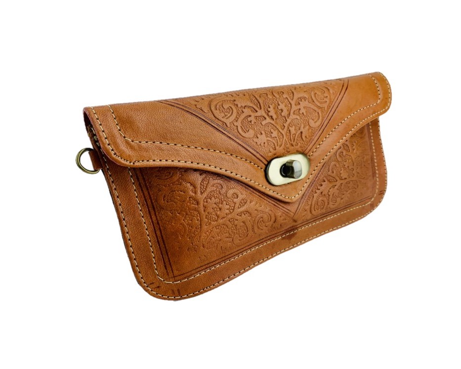 Monedero de cuero con estampado artesanal naranja Ciro