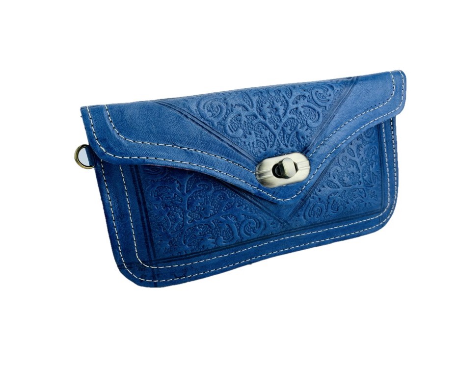 Monedero de cuero con estampado artesanal azul Ciro
