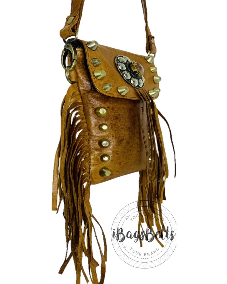 Bolso mini con flecos camel para el móvil Otto