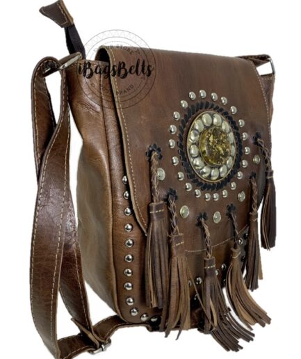 bolso de cuero con flecos  borlas étnico marrón Kurt