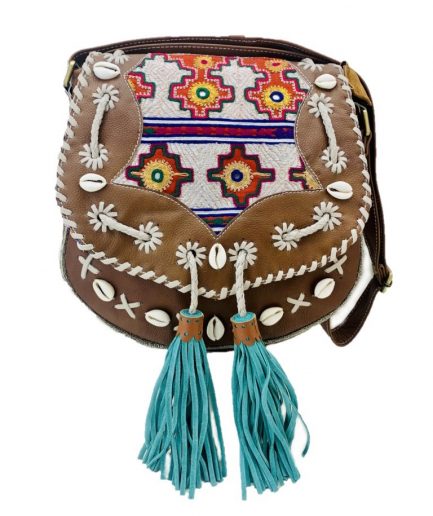 Bolso de cuero con flecos  borlas tribal étnico marrón Ken