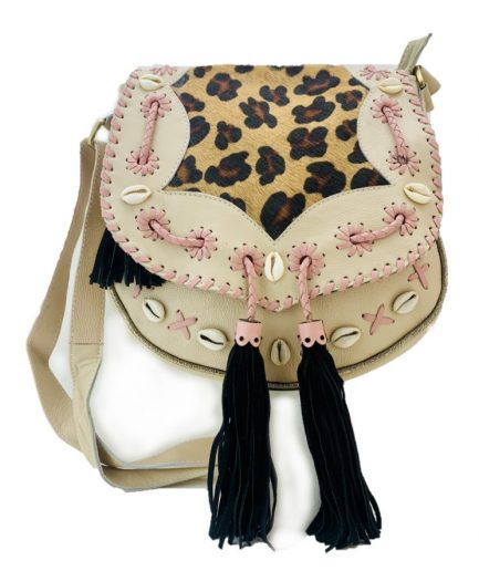 Bolso de cuero con flecos  borlas tribal étnico beige Ken