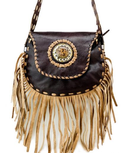 Bolso de cuero Boho con flecos marrón mediano Said