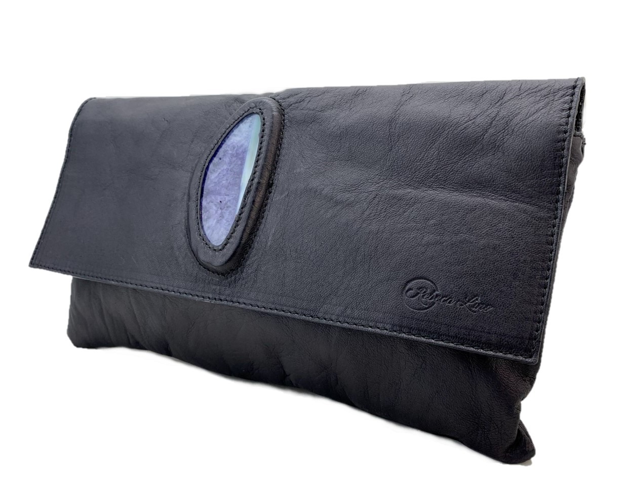 Clutch, bolso de mano en cuero con incrustación de piedra Ágata