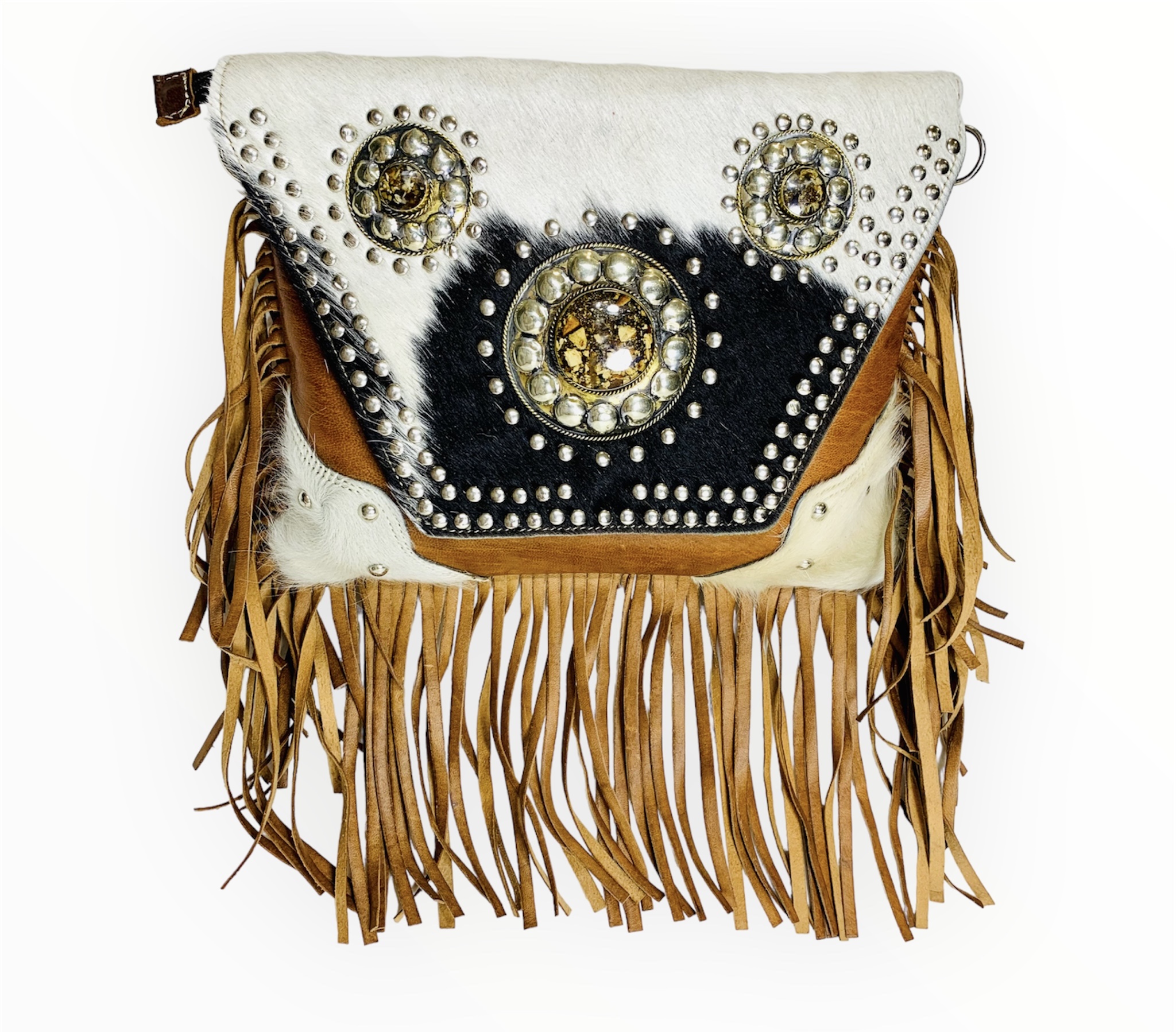 Bolso bandolera animal print de piel con flecos en color camel Emily
