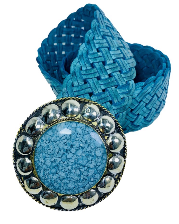 Cinturón trenzado azul con hebilla artesanal circulo Coachella