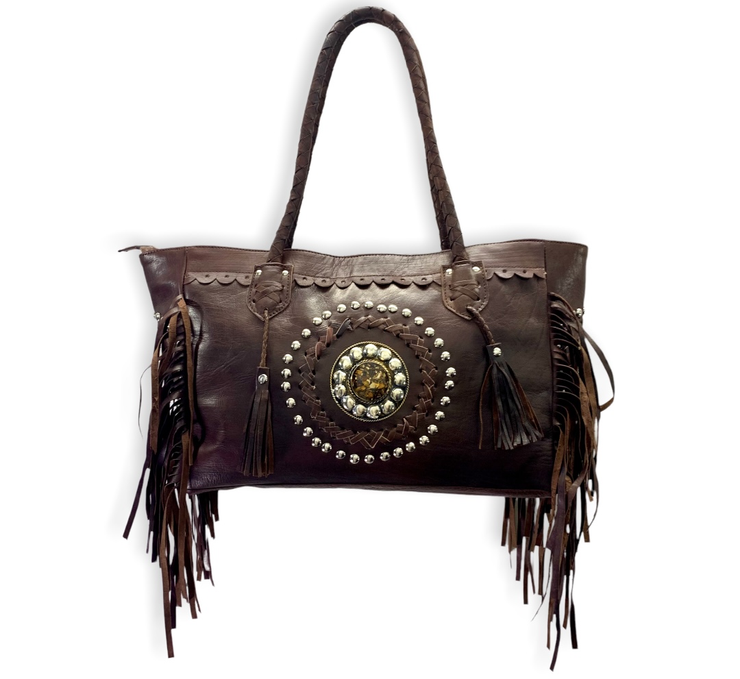 Bolso tote boho tribal cuero marrón Megan