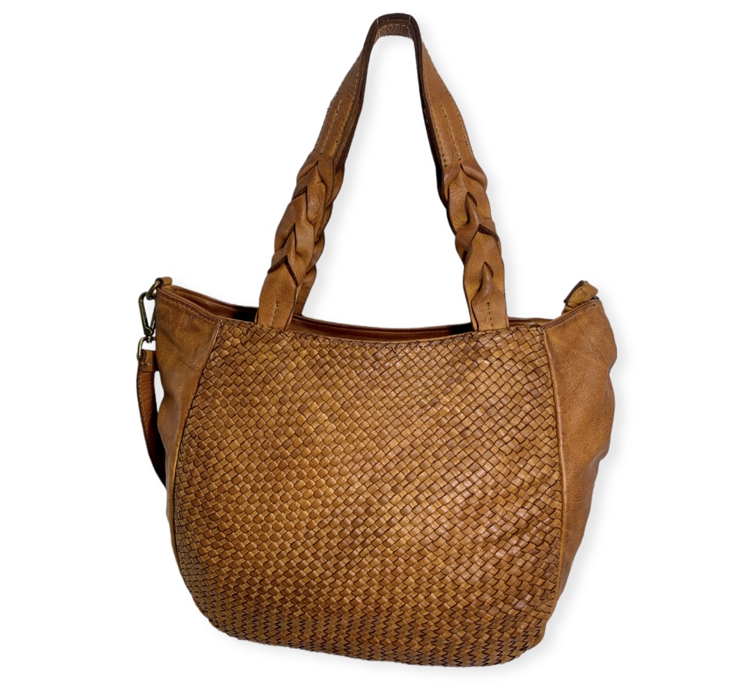 Bolso de hombro y bandolera de piel camel trenzada Milán