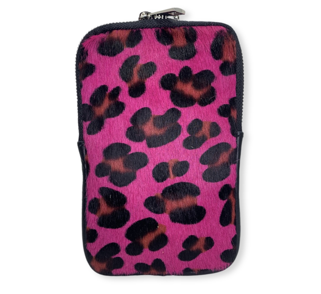 Portamóvil en piel animal print leopardo fucsia