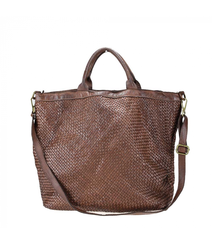 Bolso shopper trenzado de piel lavada marrón Beatrice