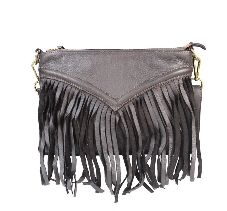 Bandolera con flecos de piel lavada marrón Darlene