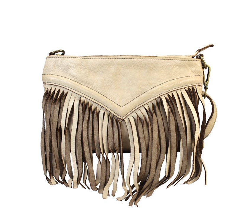 Bandolera con flecos de piel lavada taupe Darlene