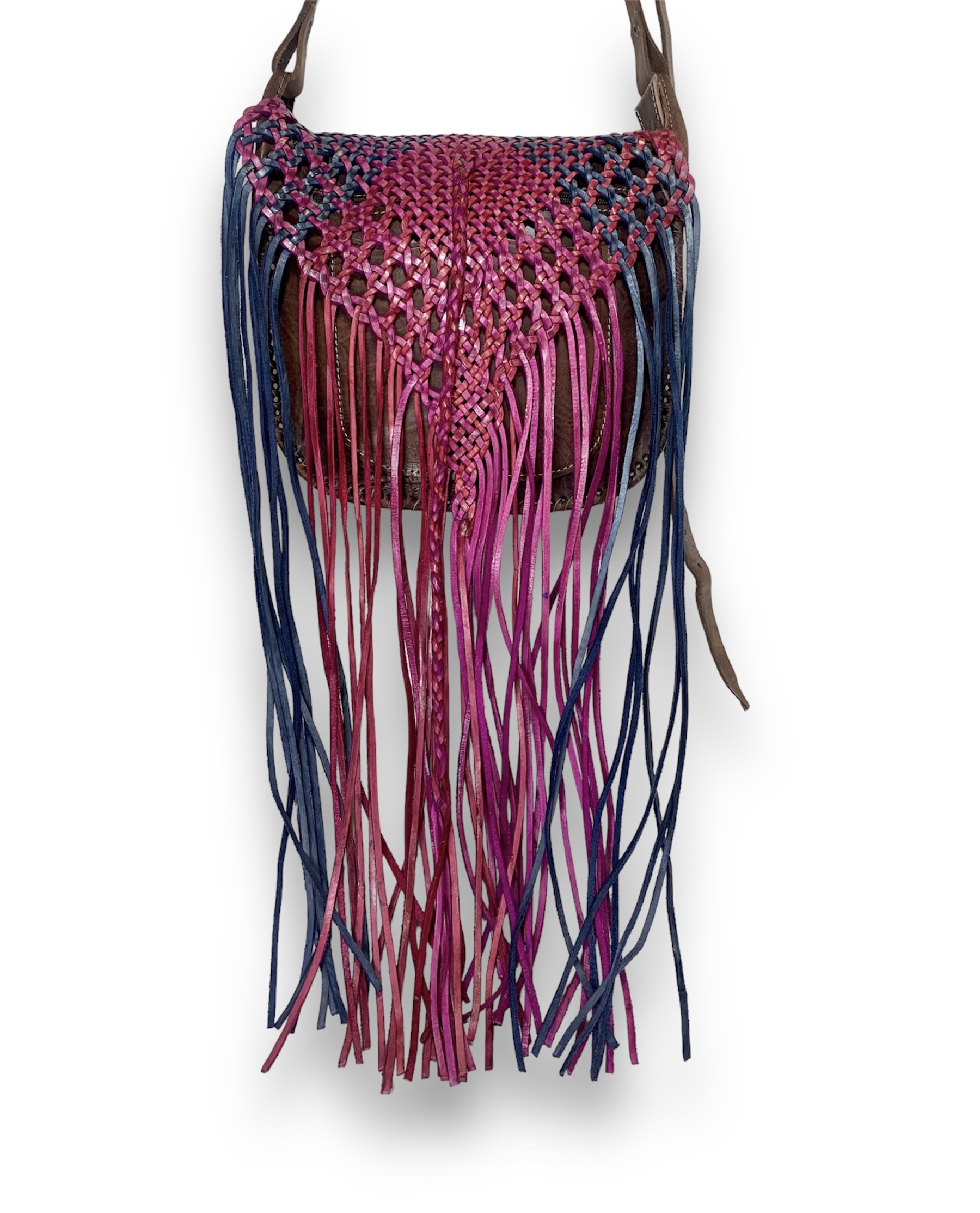 Bolso bandolera multicolor con solapa trenzada y flecos Raizel