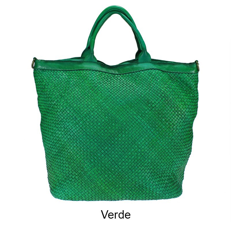 Bolso shopper trenzado de piel lavada verde Beatrice