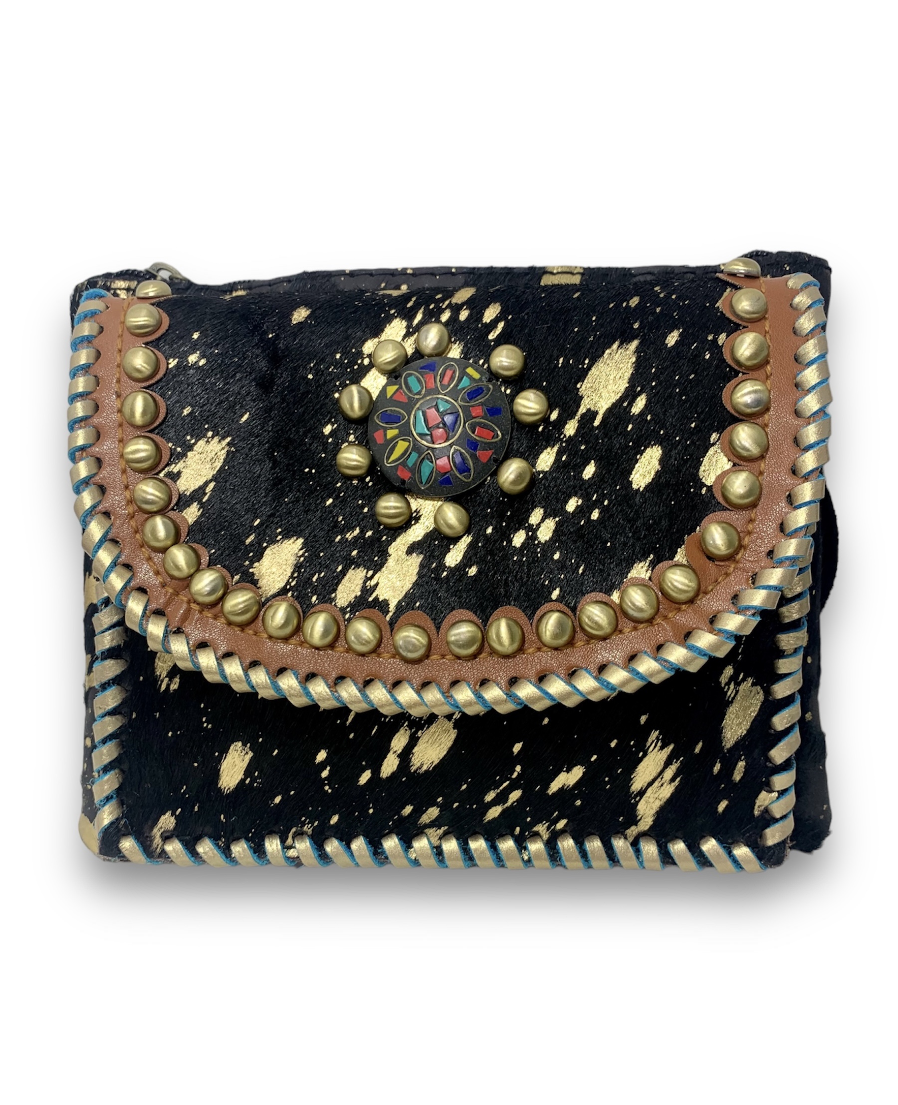 Bolso mini boho tribal indio negro y dorado Amaral