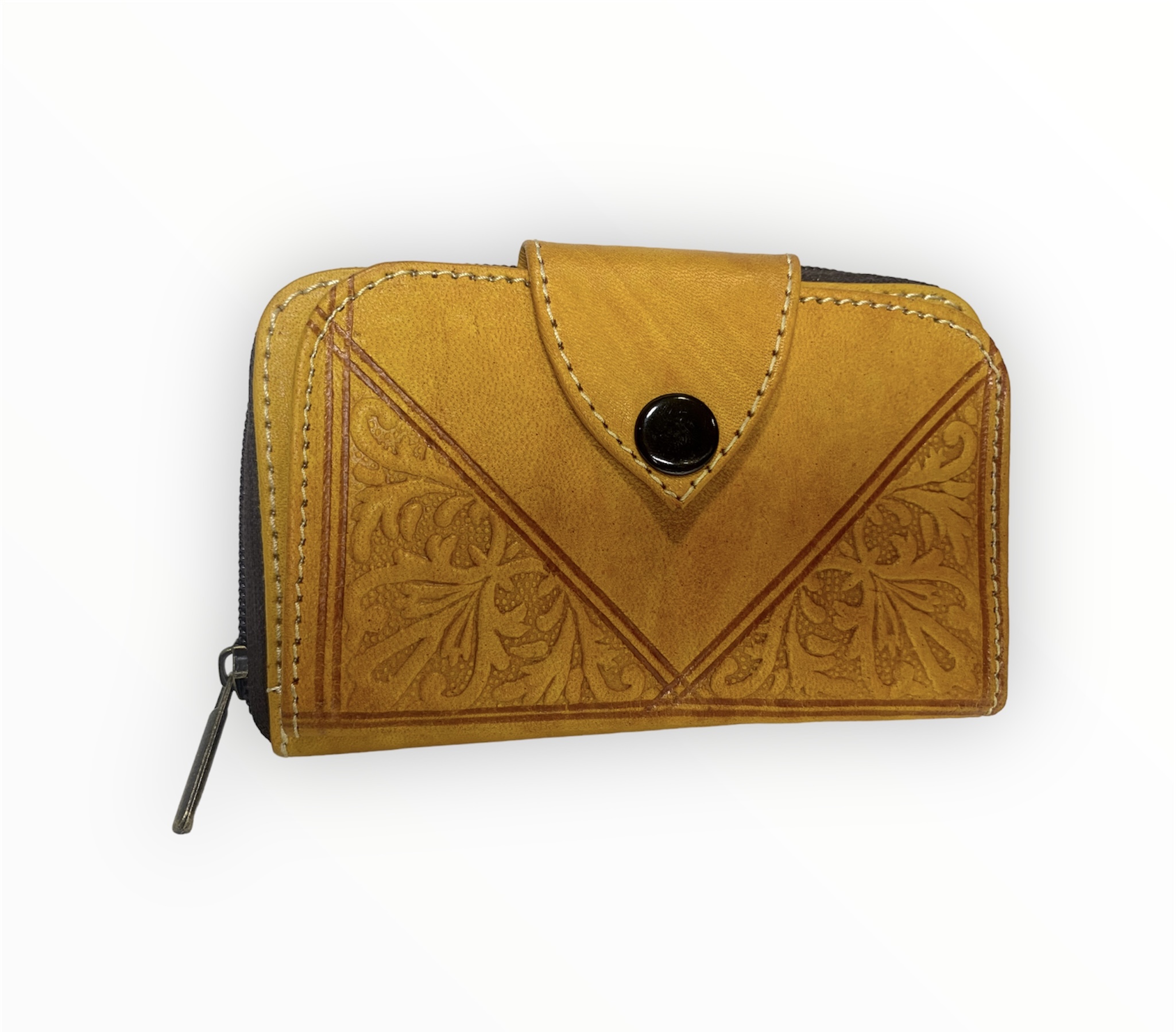 Monedero tarjetero de cuero con estampado artesanal mostaza Archie