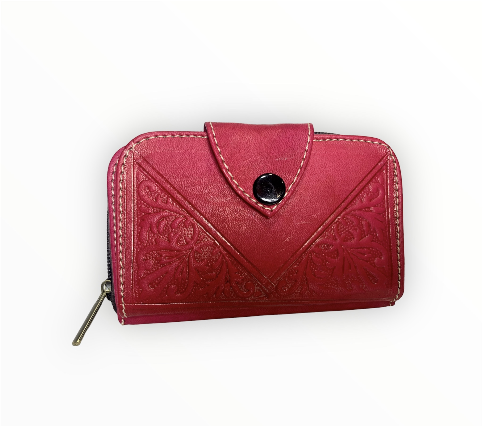 Monedero tarjetero de cuero con estampado artesanal rojo Archie