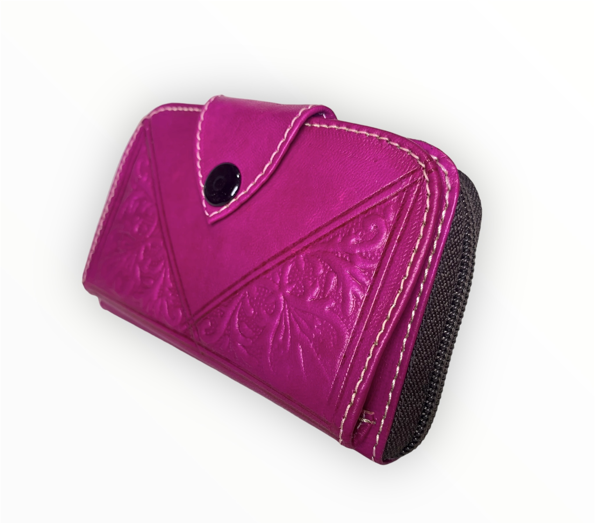 Monedero tarjetero de cuero con estampado artesanal fucsia Archie