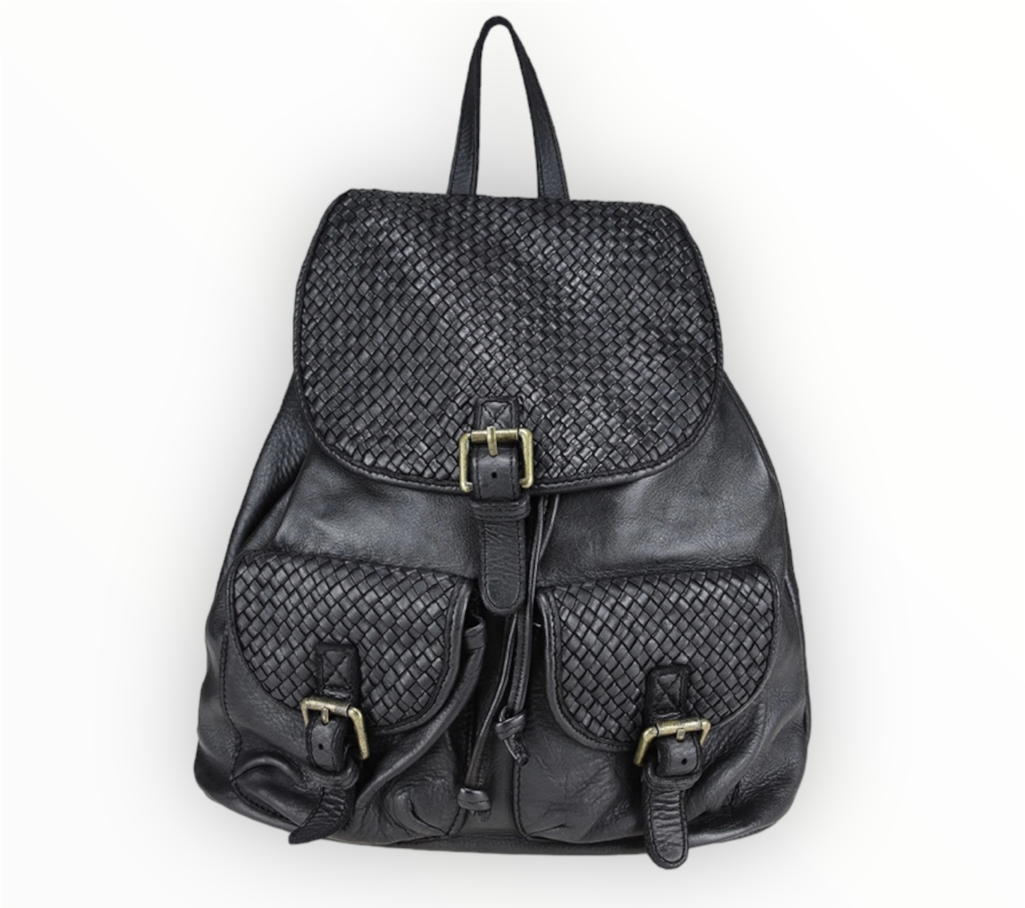 Mochila de piel trenzada negra con bolsillos delanteros