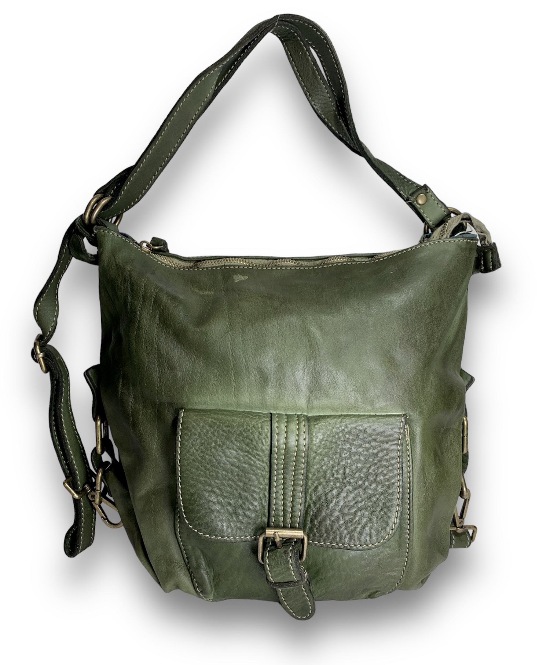 Bolso con función de mochila italiana de piel verde Amalia