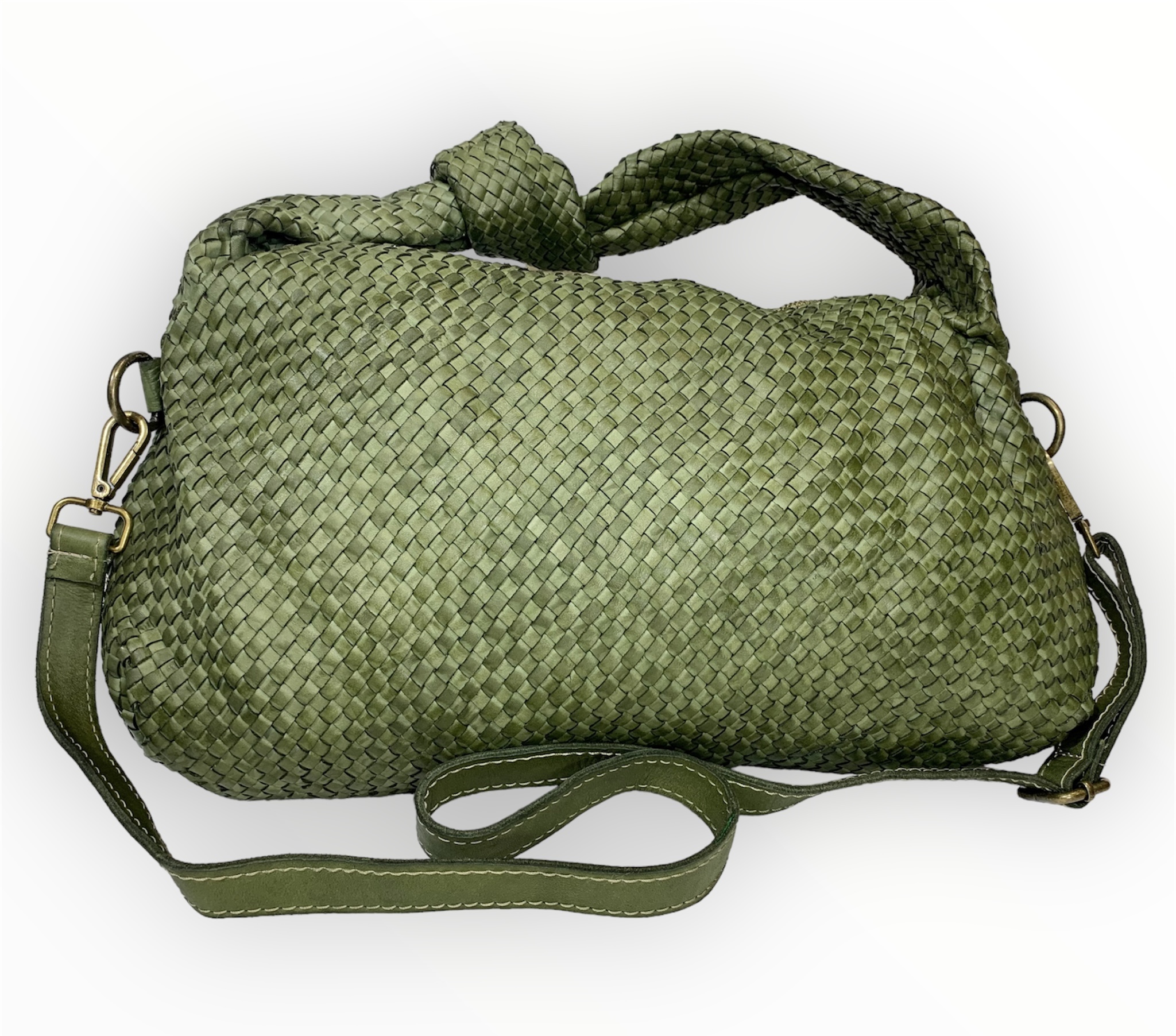 bolso italiano de piel todo trenzado verde kaki Isabella