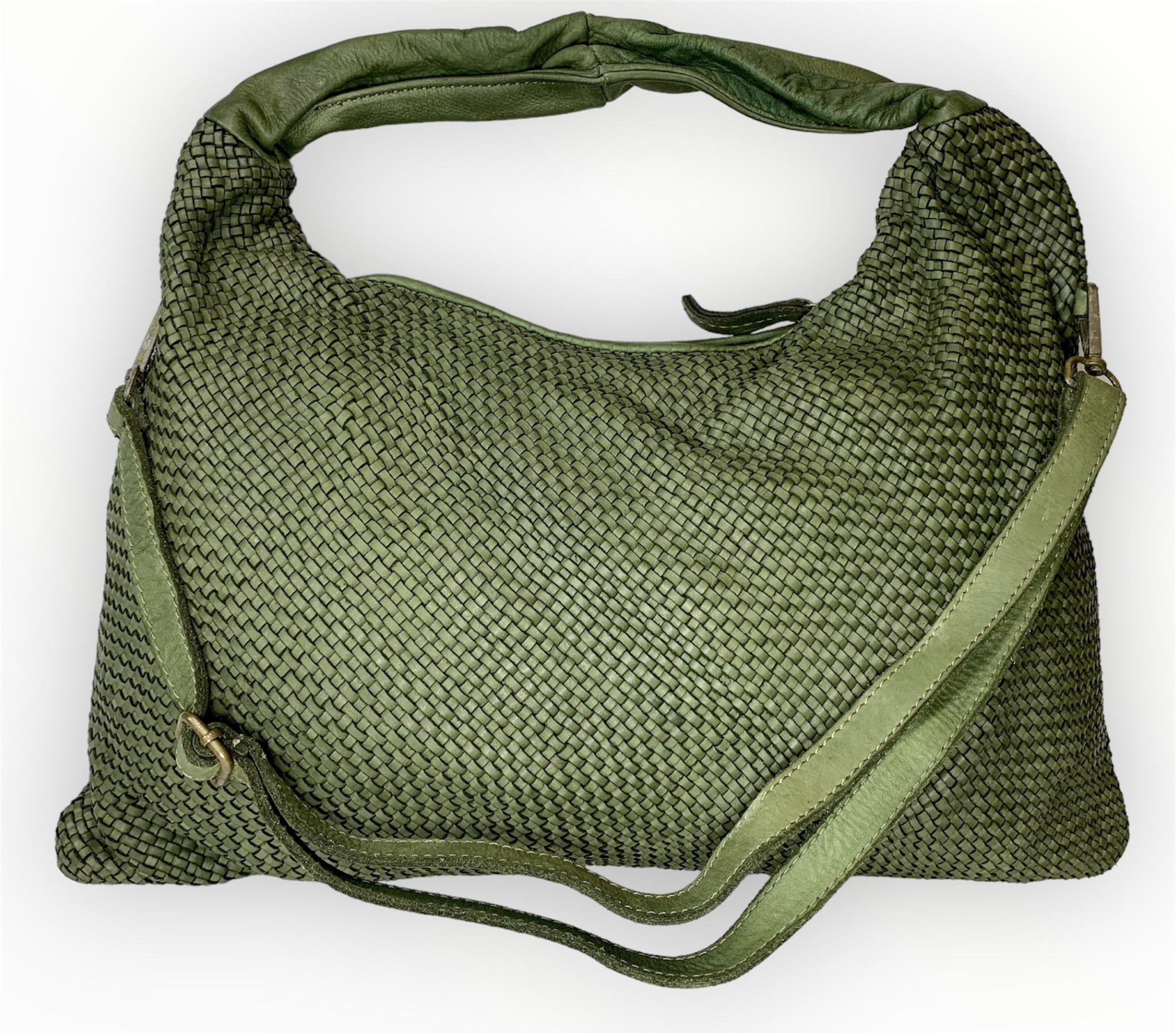 Bolso bandolera Italiano de piel trenzado Arianna verde kaki