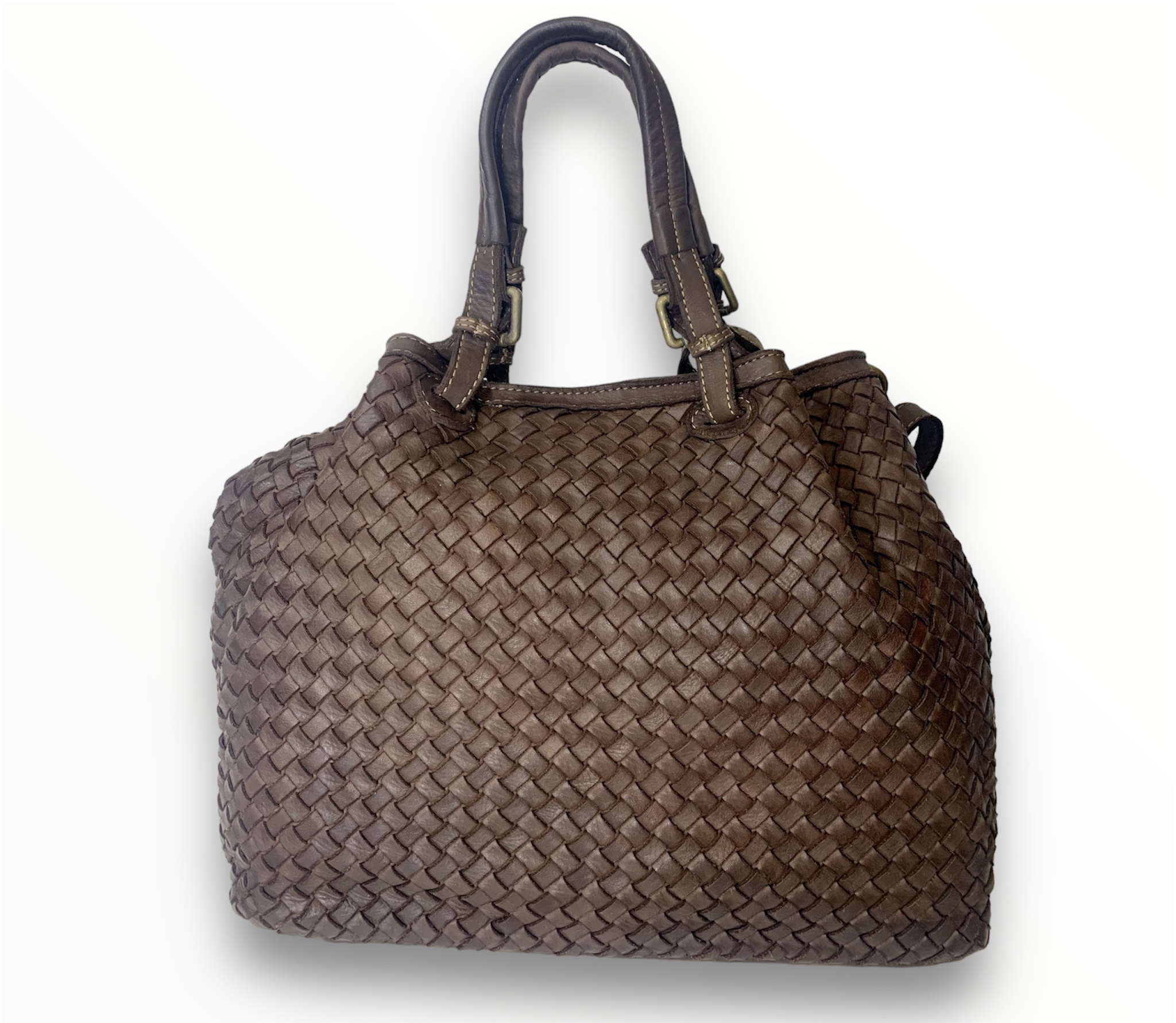 Bolso italiano de hombro en piel trenzado marrón Rafaella