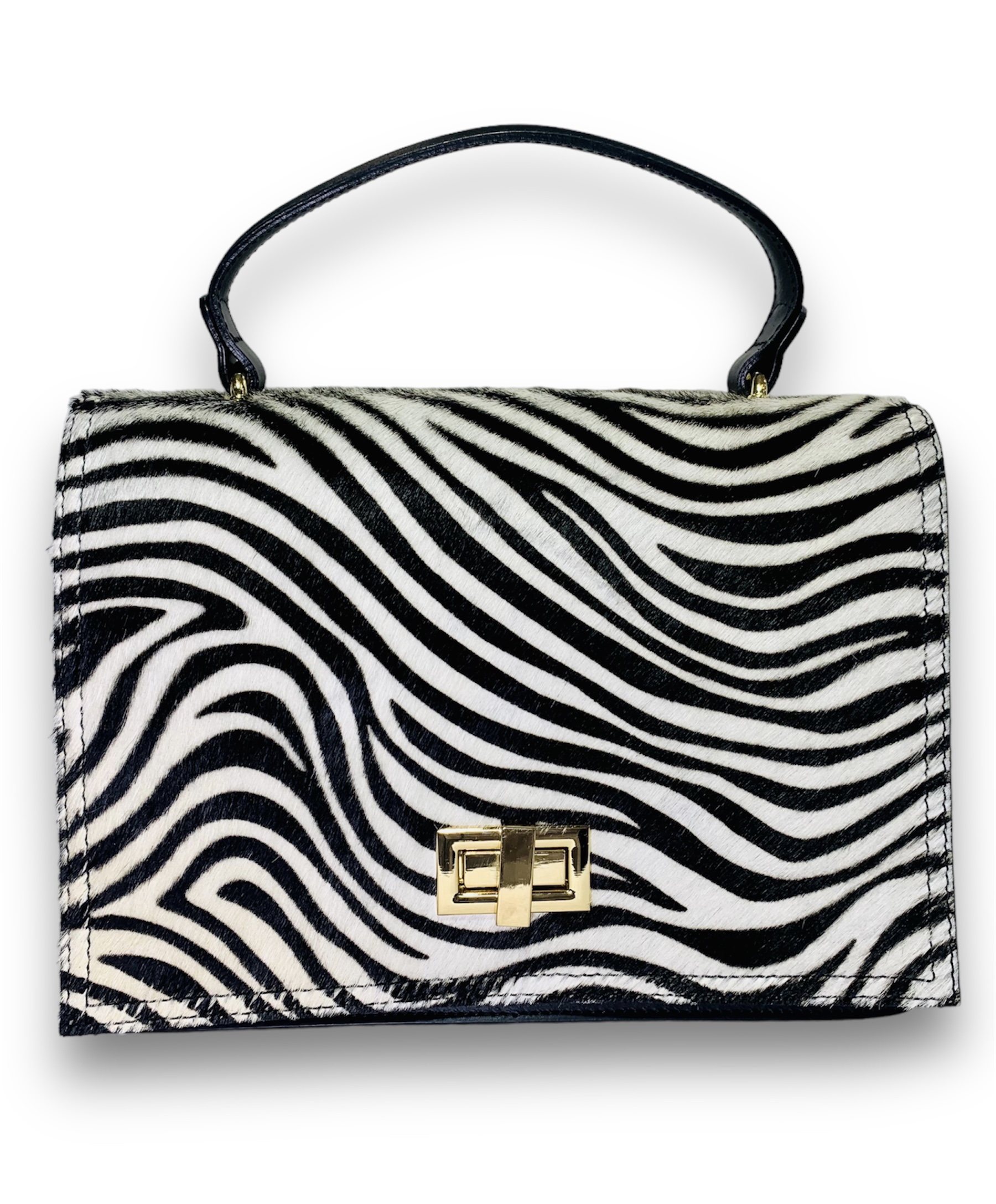 Bolso bandolera de piel negro con solapa de pelo cebra animal print  Eleonora