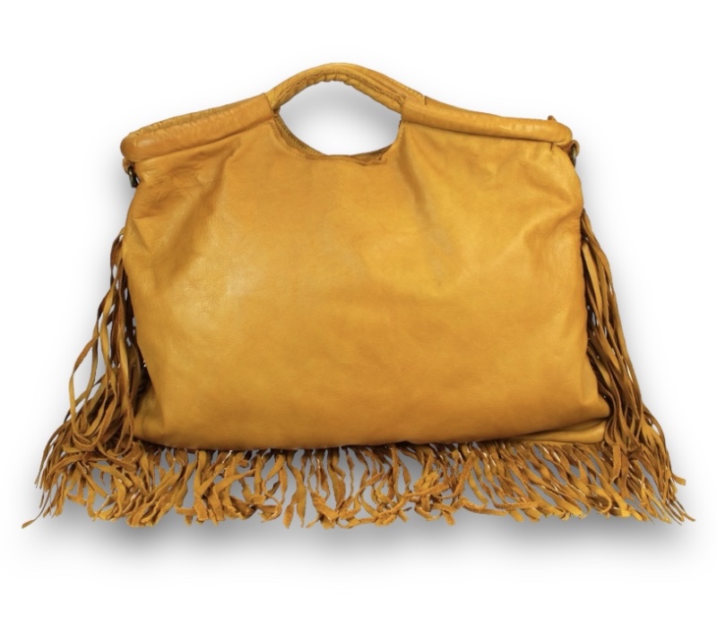 Bolso mostaza con flecos de piel lavada Boho grande Angela