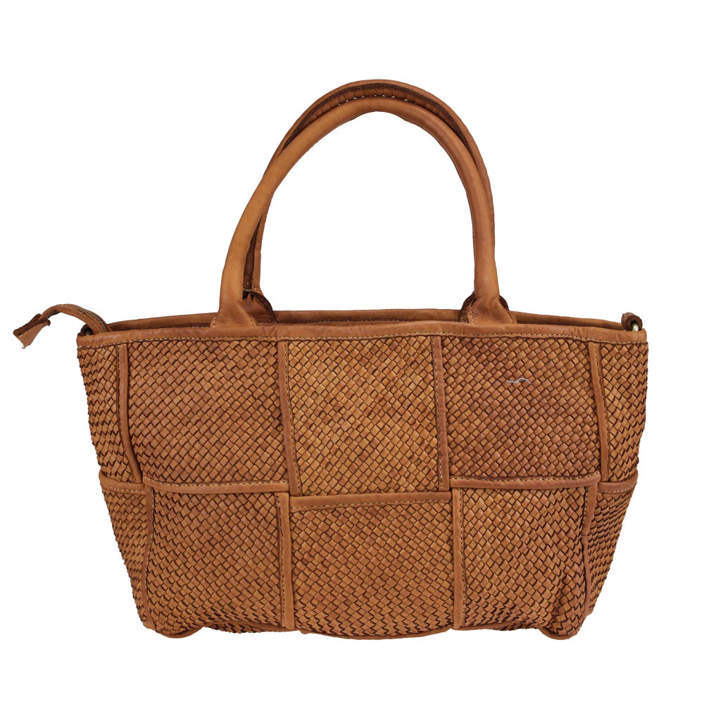Bolso shopping  hecho a mano en piel camel tejida Alicia
