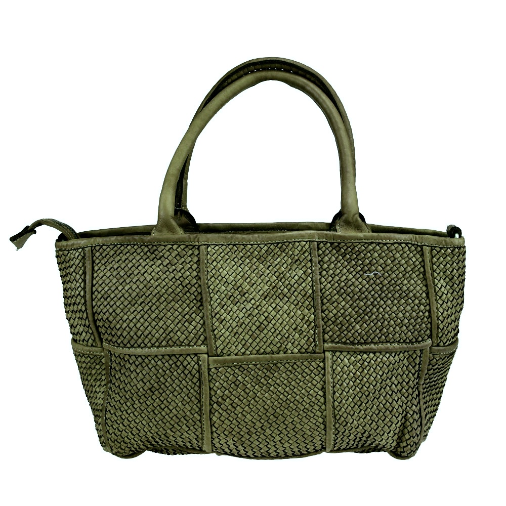 Bolso shopping hecho a mano en piel verde tejida Alicia