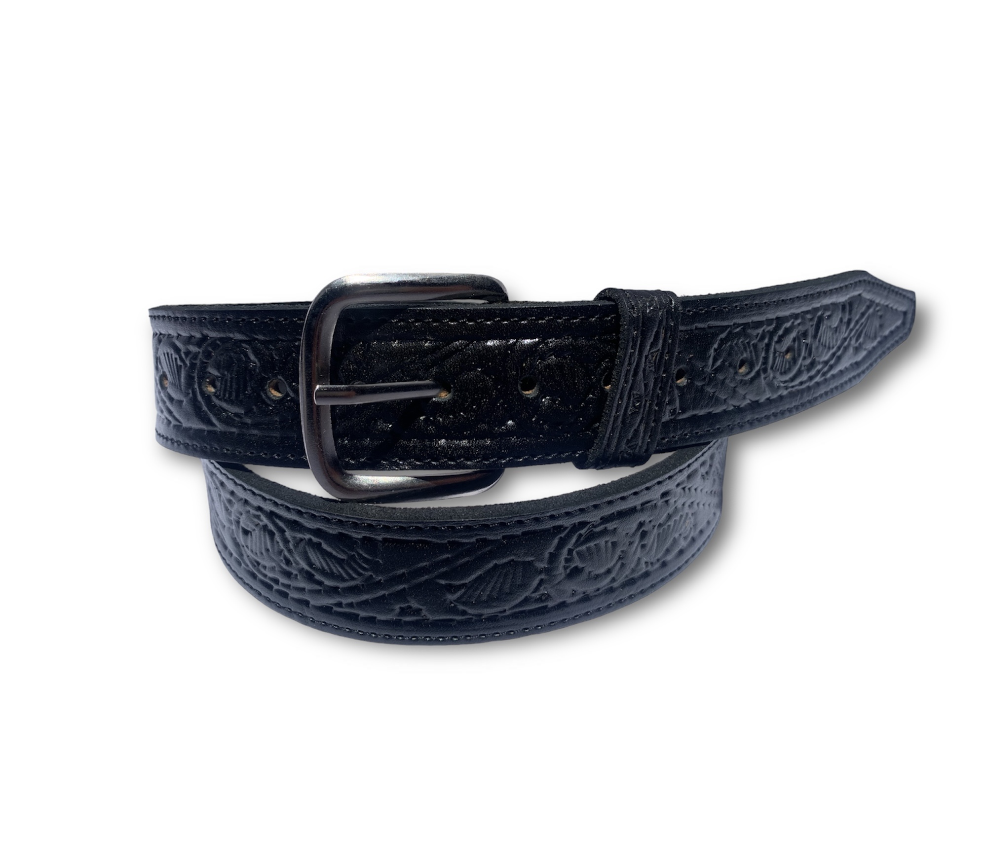 Cinturón repujado de cuero negro, 4 cm de ancho