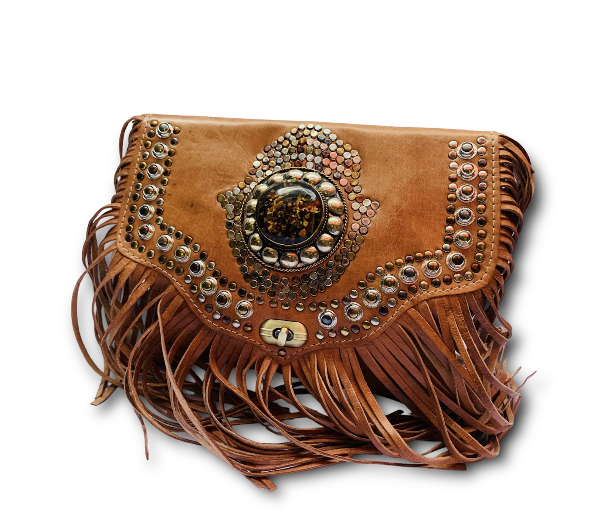Bolso bandolera rectangular de cuero camel con flecos
