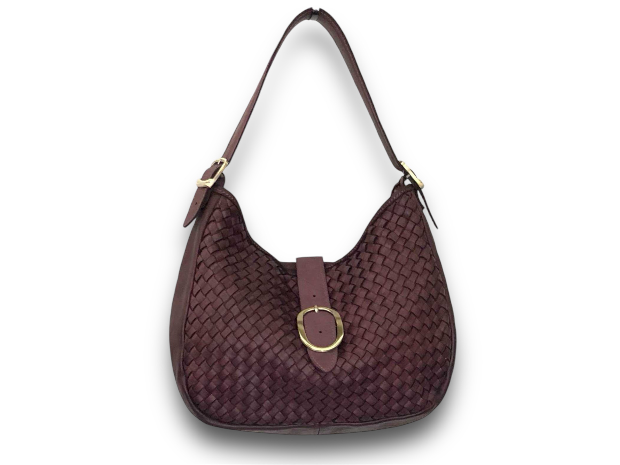 Bolso bandolera trenzada de piel color buganvilla con decoración de hebilla dorada Norma