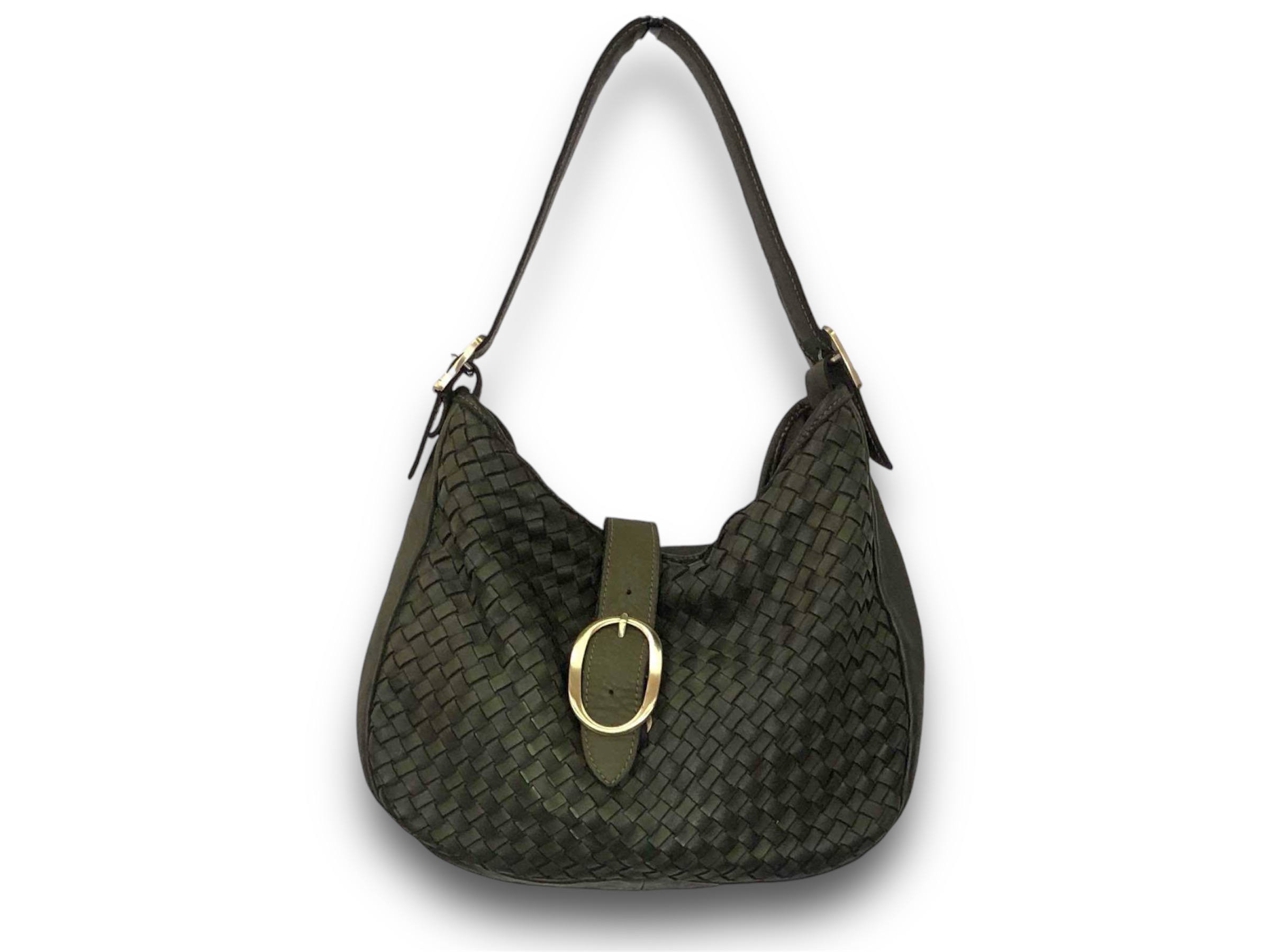 Bolso bandolera trenzada de piel verde con decoración de hebilla dorada Norma