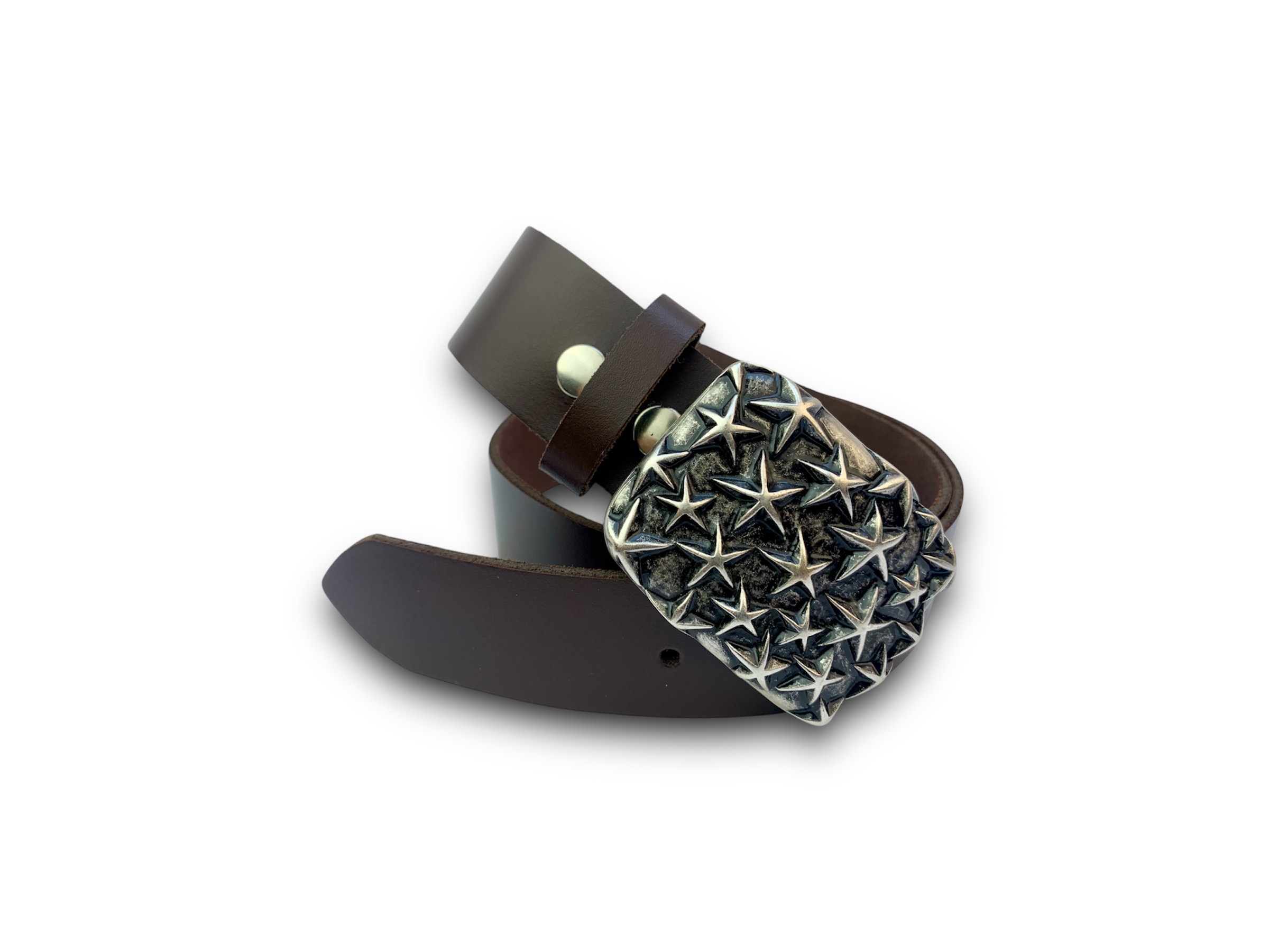 Cinturón de piel con hebilla plateada estrellas Nilo
