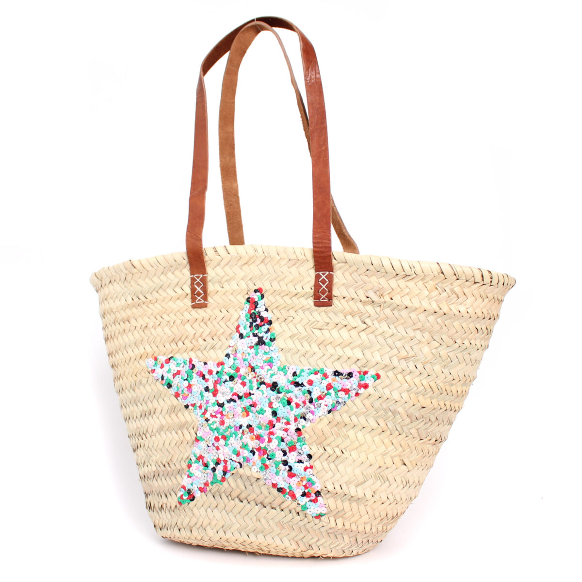 Capazo artesanal boho de palma natural con estrella lentejuelas mediano