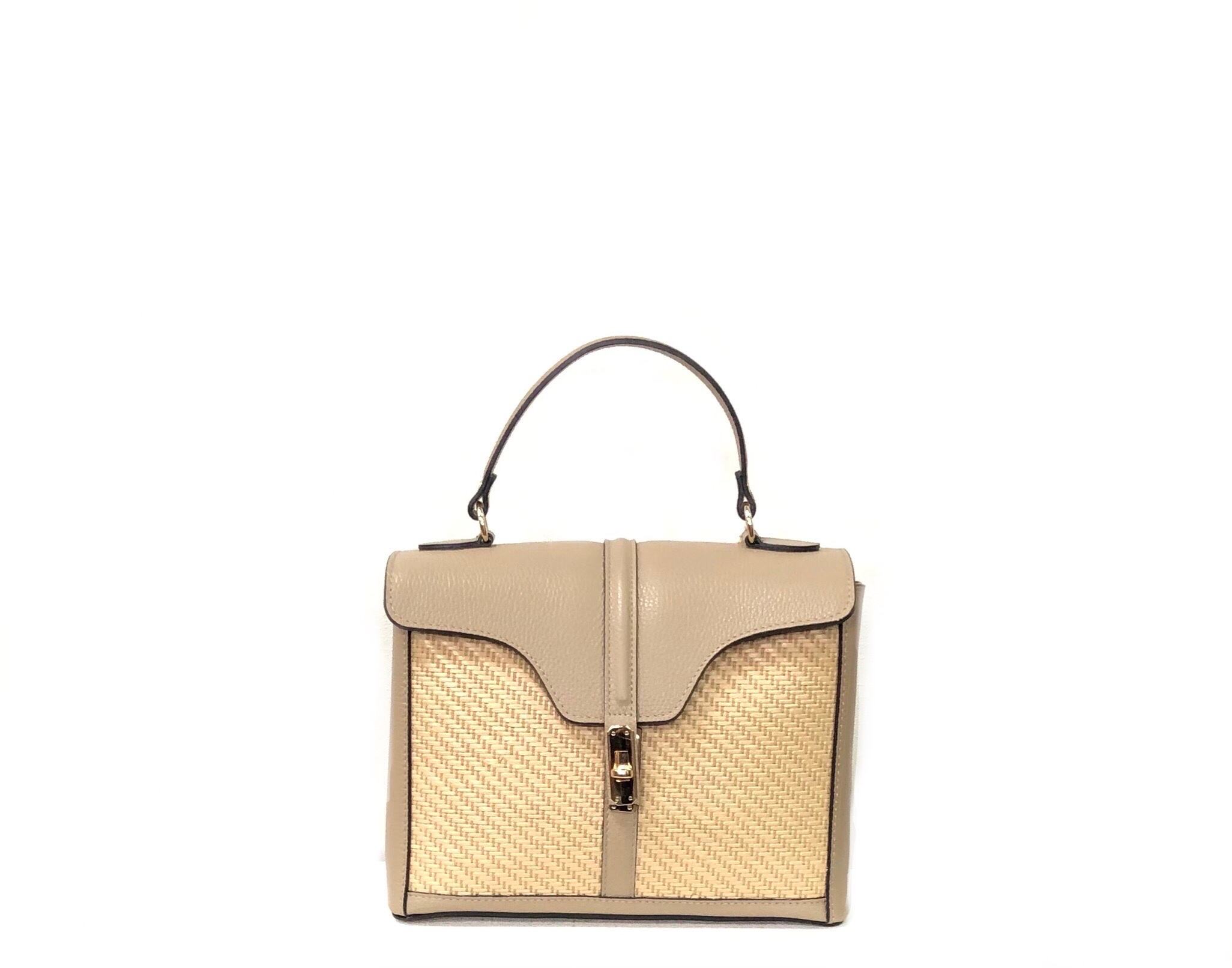 Bolso bandolera de cuero taupe y rafia Edurne