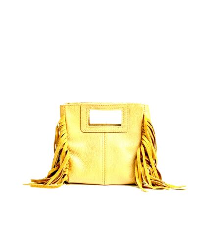 Bolso cuadrado de piel amarillo flecos y asas integradas mini Telma