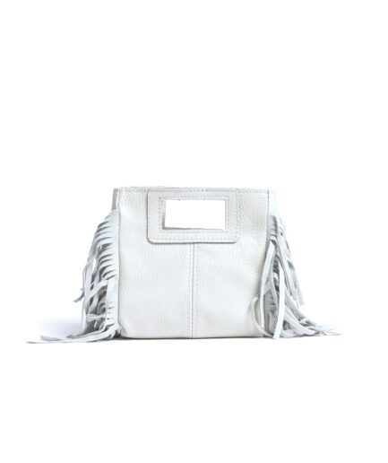Bolso cuadrado de piel blanco flecos y asas integradas mini Telma
