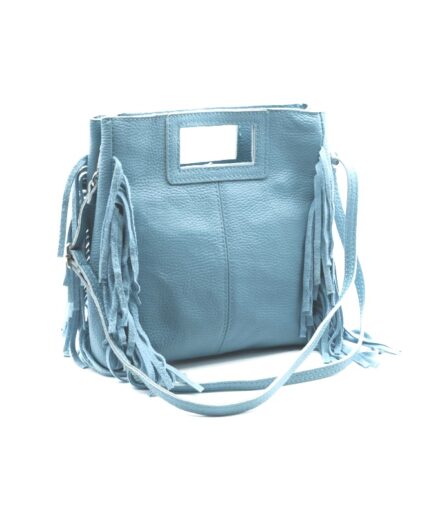 Bolso cuadrado de piel celeste flecos y asas integradas mini Telma
