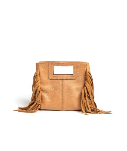 Bolso cuadrado de piel camel flecos y asas integradas mini Telma